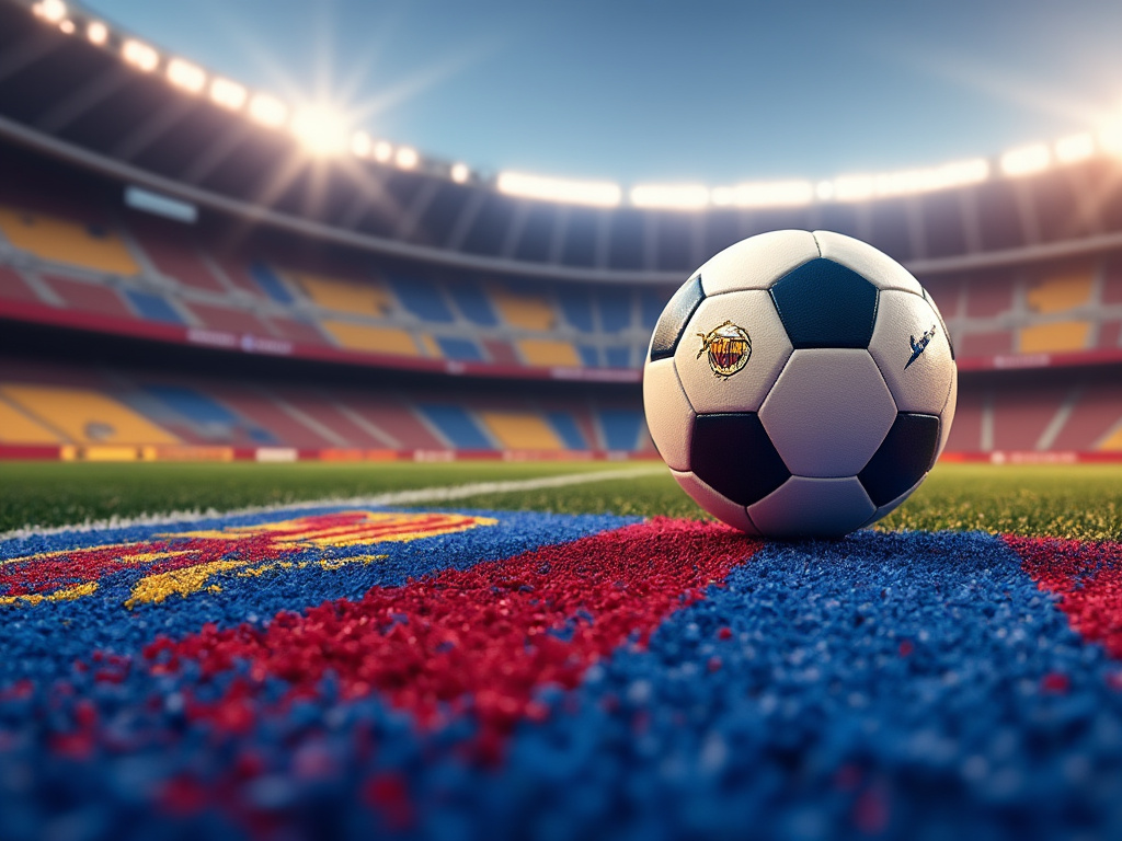 Soccer ball on colorful grass field inside large stadium with lights.