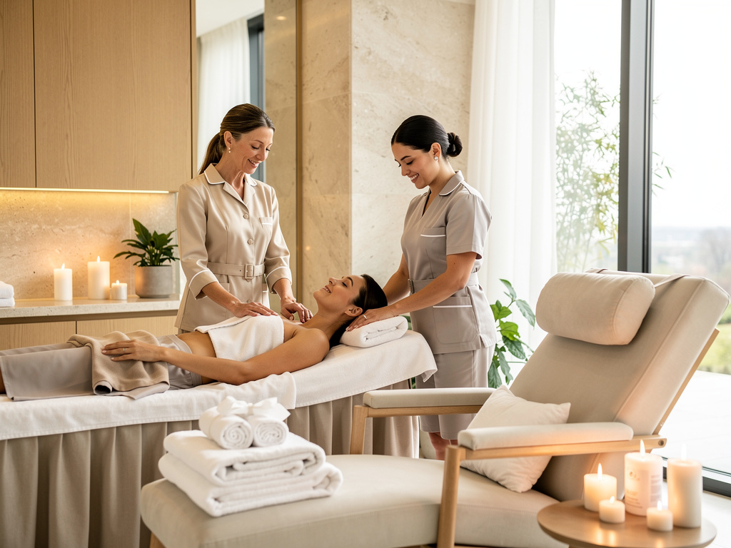 Mujer recibiendo masaje relajante de dos terapeutas en un spa de lujo con velas, toallas y ambiente luminoso