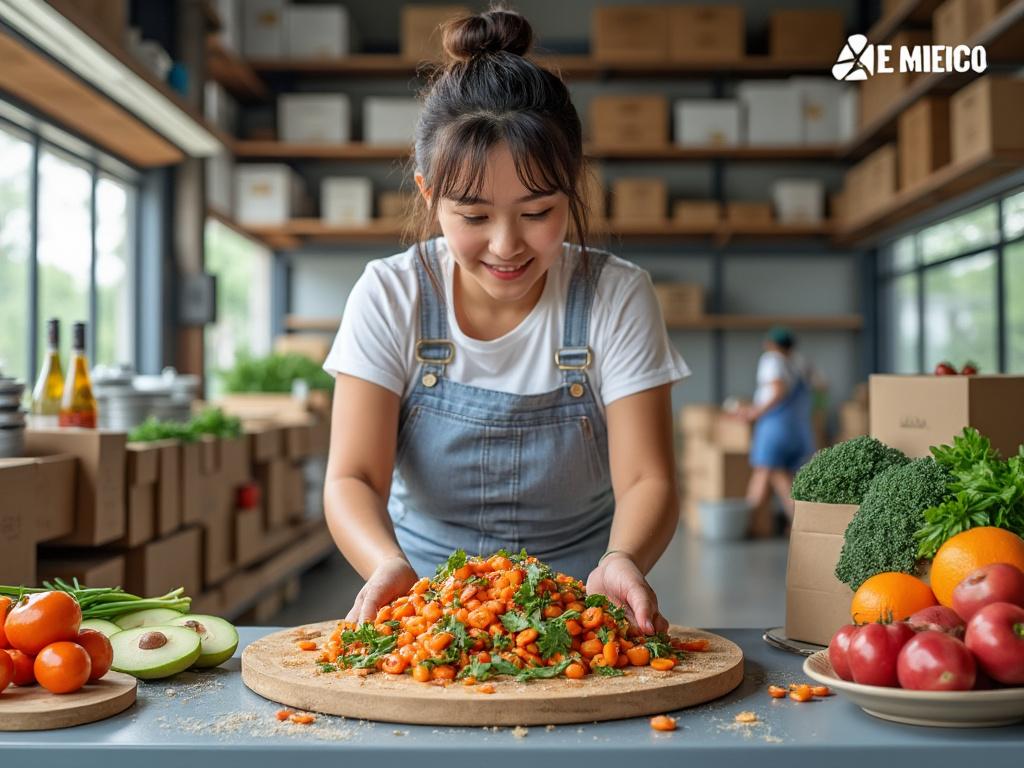 Mujer joven preparando ensalada de zanahorias en una cocina con vegetales frescos alrededor.