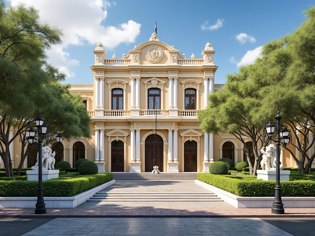 Fachada de majestuoso edificio clásico con columnas blancas y jardines simétricos, cielo azul despejado.