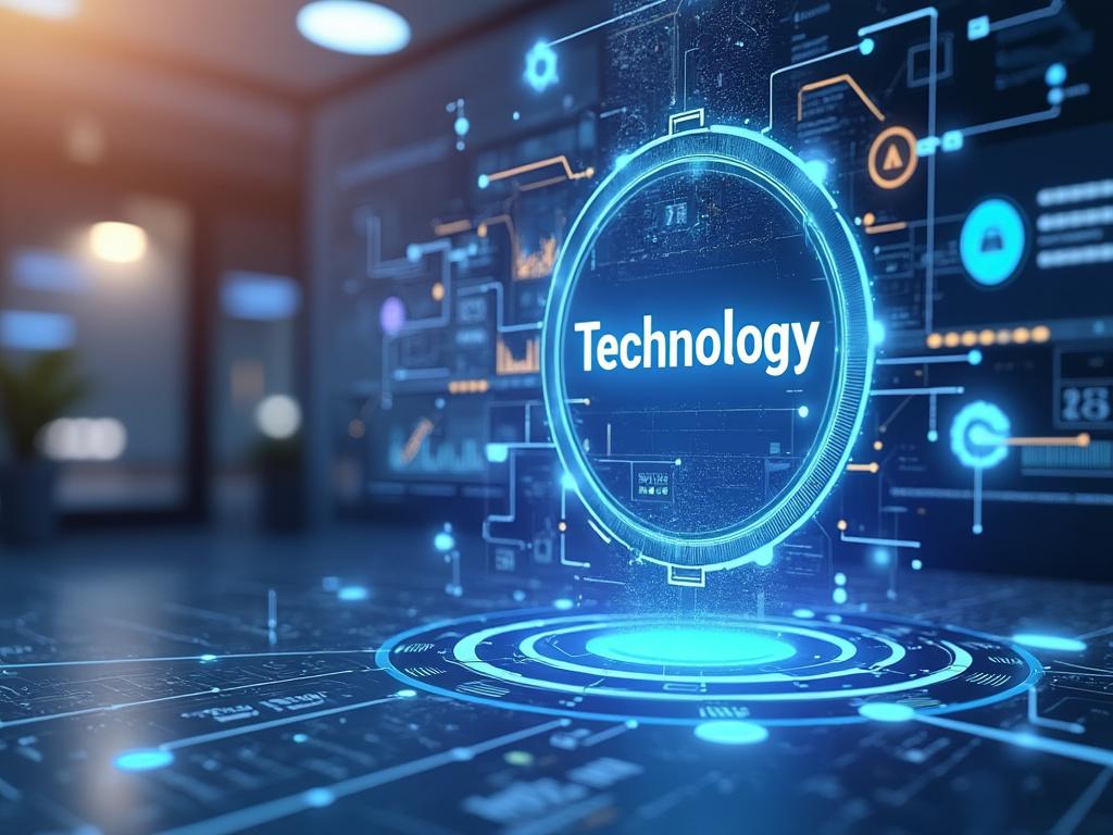 Imagen futurista de tecnología con elementos digitales y gráficos iluminados en tonos azules.