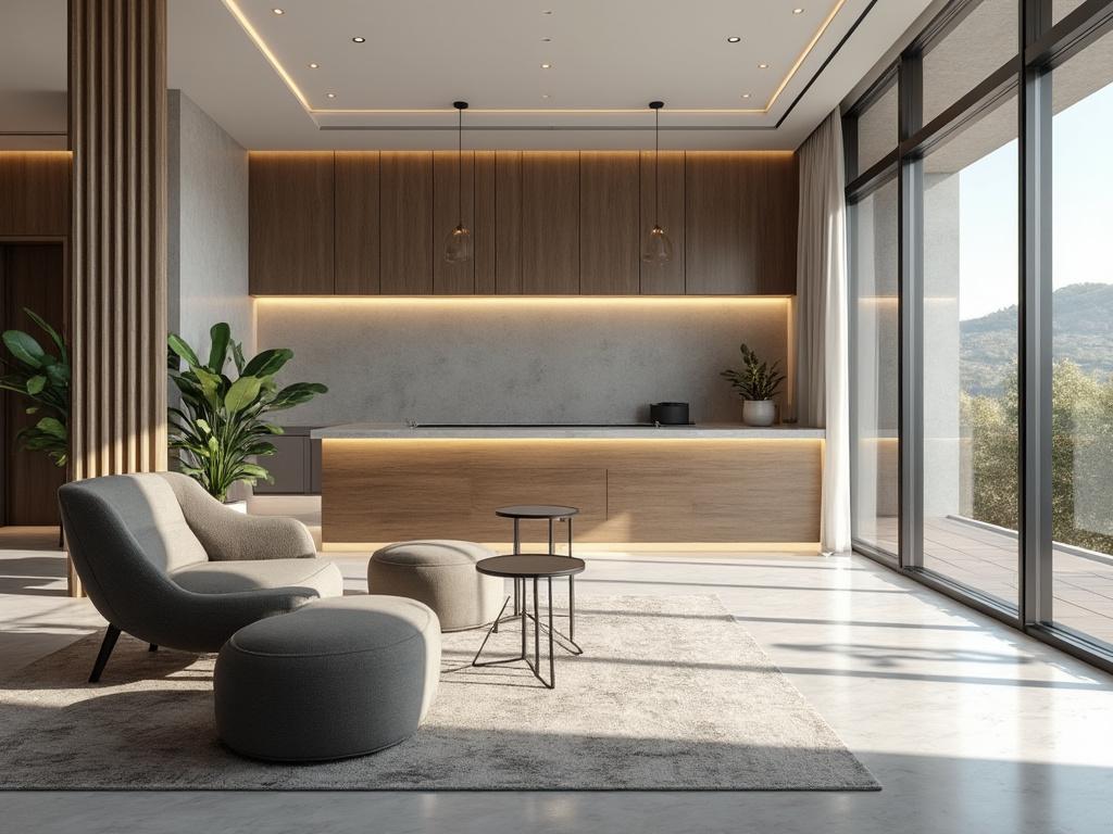 Sala de estar moderna con muebles minimalistas, ventanales grandes y decoración en tonos neutros.