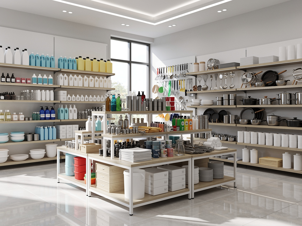 Tienda moderna de artículos para el hogar con estanterías de utensilios de cocina, vajilla y productos de limpieza