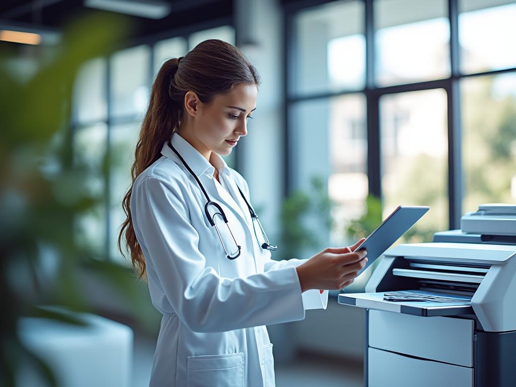 Médica con bata blanca y estetoscopio usando una tablet cerca de una impresora en una oficina iluminada.