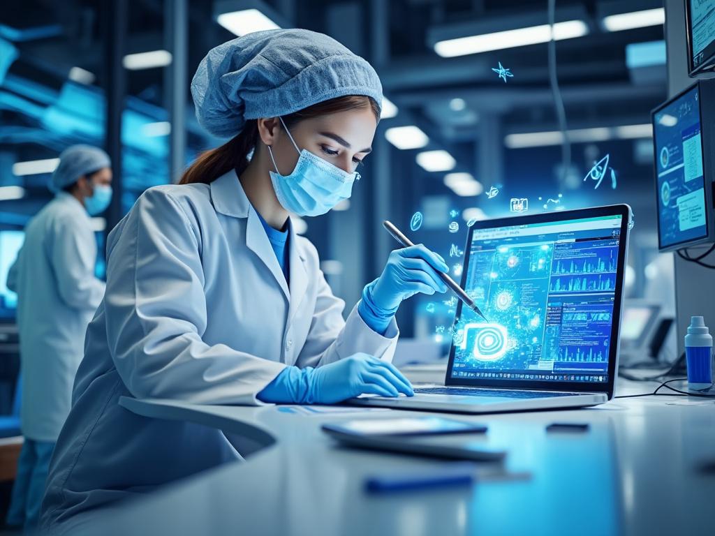 Científica en laboratorio analizando datos en pantalla de computadora con gráficos digitales, llevando mascarilla y guantes.