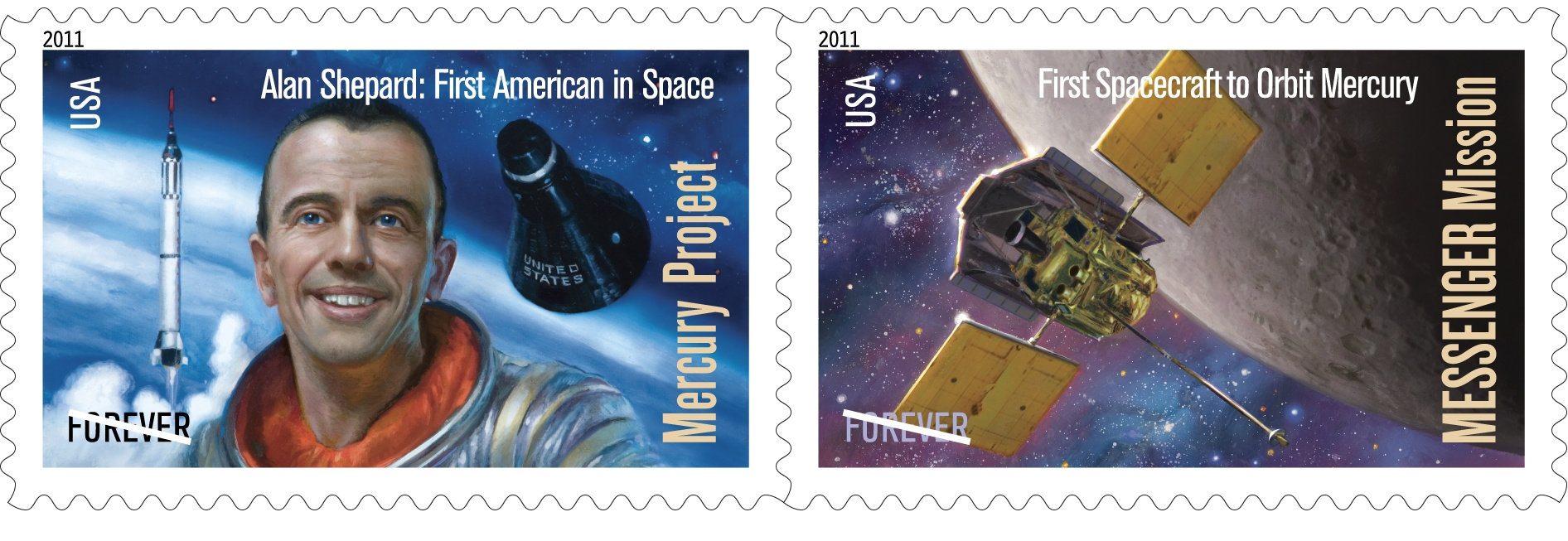Alan Shepard and Mercury-Messenger Mission USPS Stamps
both ~ 6" x 11"  Oil on Panel 2009

