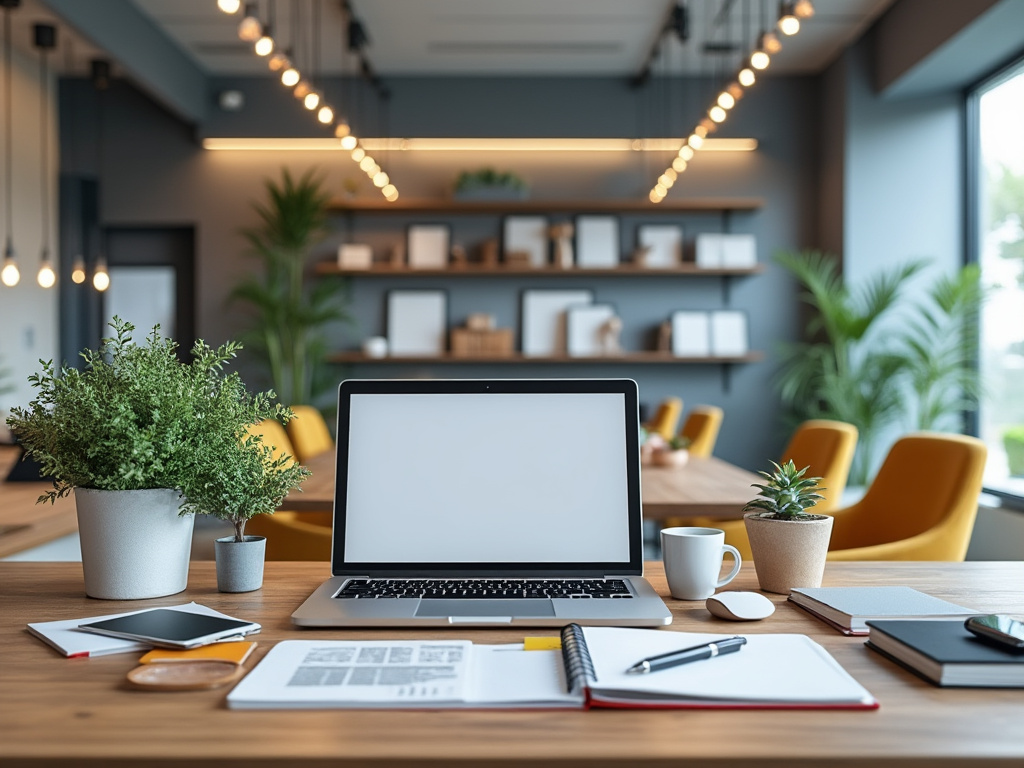 Espacio de trabajo moderno con laptop, cuadernos y plantas sobre una mesa de madera en una oficina luminosa y minimalista.