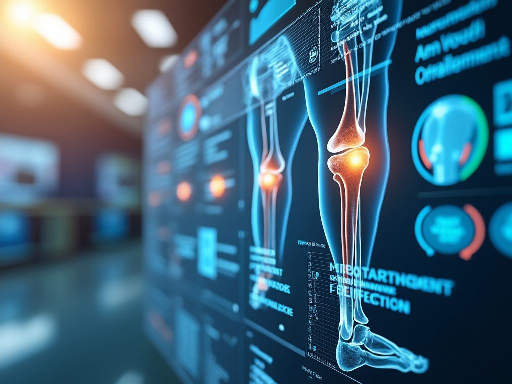 Pantalla médica digital mostrando una visualización 3D de un hueso de la pierna con detalles de datos de salud.