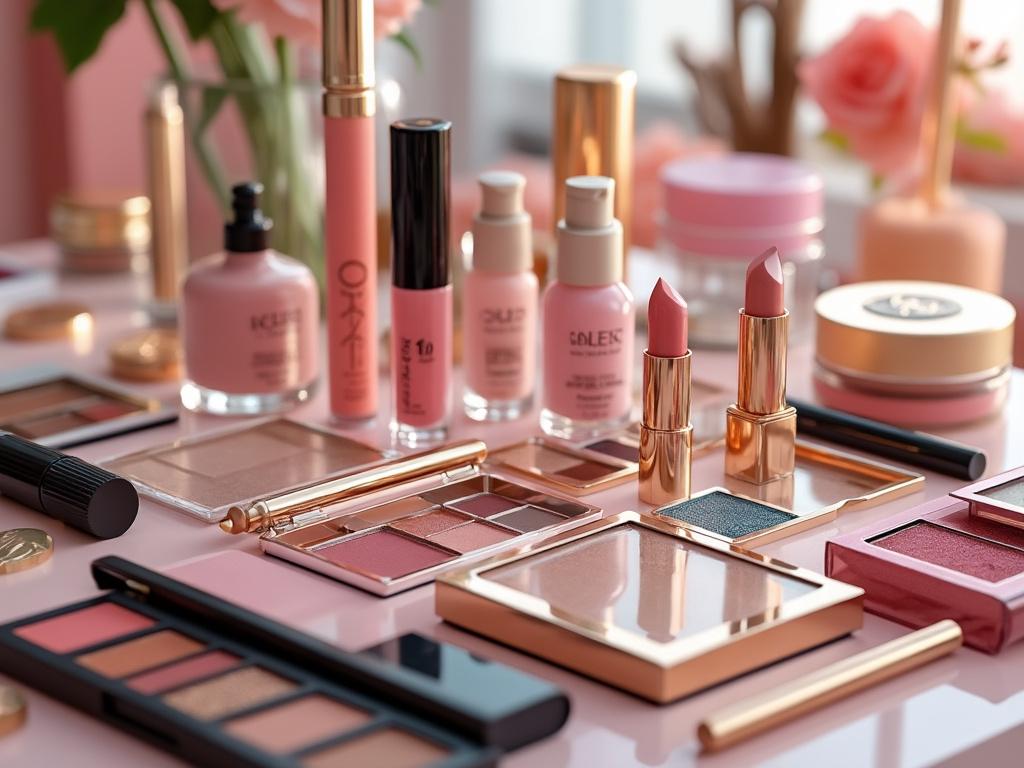 Maquillaje variado en tonos rosas y dorados, incluyendo paletas de sombras, barras de labios, bases y brochas sobre una mesa con flores decorativas. Maquillaje variado en tonos rosas y dorados, incluyendo paletas de sombras, barras de labios, bases y brochas sobre una mesa con flores decorativas.