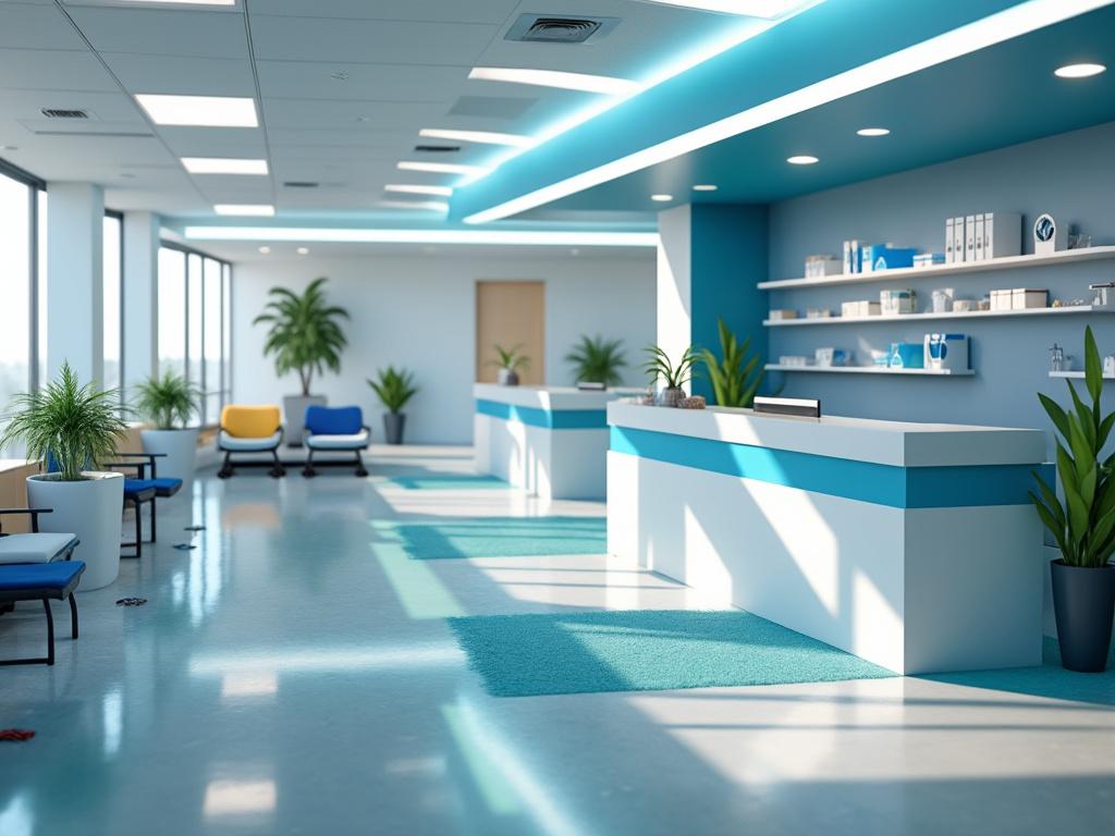 Modern office lobby with blue and white decor, reception desk, potted plants, and sunlight streaming through large windows.