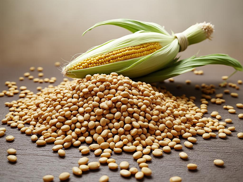 Mazorca de maíz y granos de soja sobre una superficie de madera.