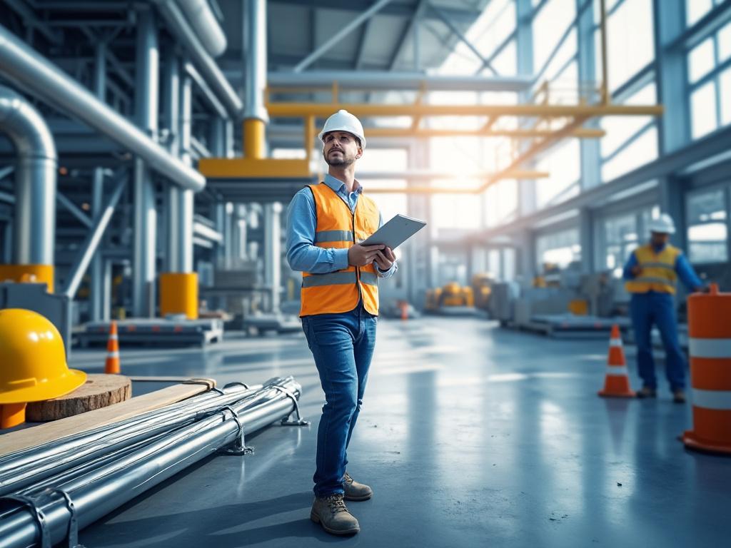 Engineer in safety gear holding a tablet in a modern factory setting with industrial equipment and safety cones.