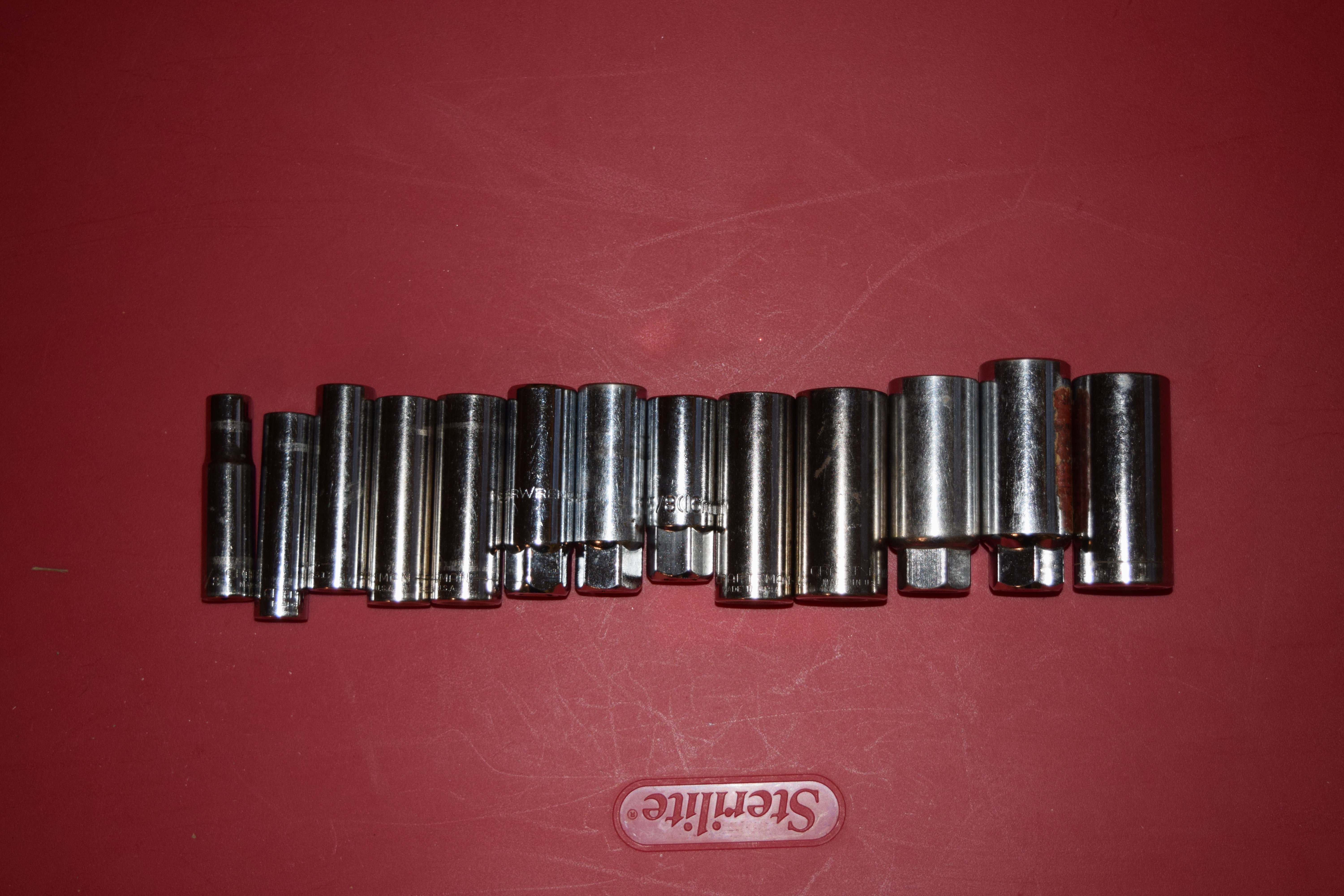 3/8” Drive Deep Sockets (3/8”, 7/16, 1/2, 9/16, 5/8 x4, 11/16, 13/16 x3, 7/8)