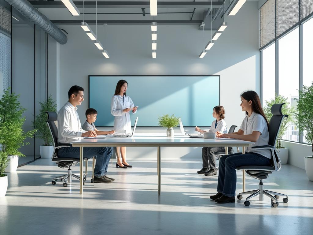 Reunión en oficina moderna con varias personas trabajando en laptops, plantas decorativas y amplia luz natural.