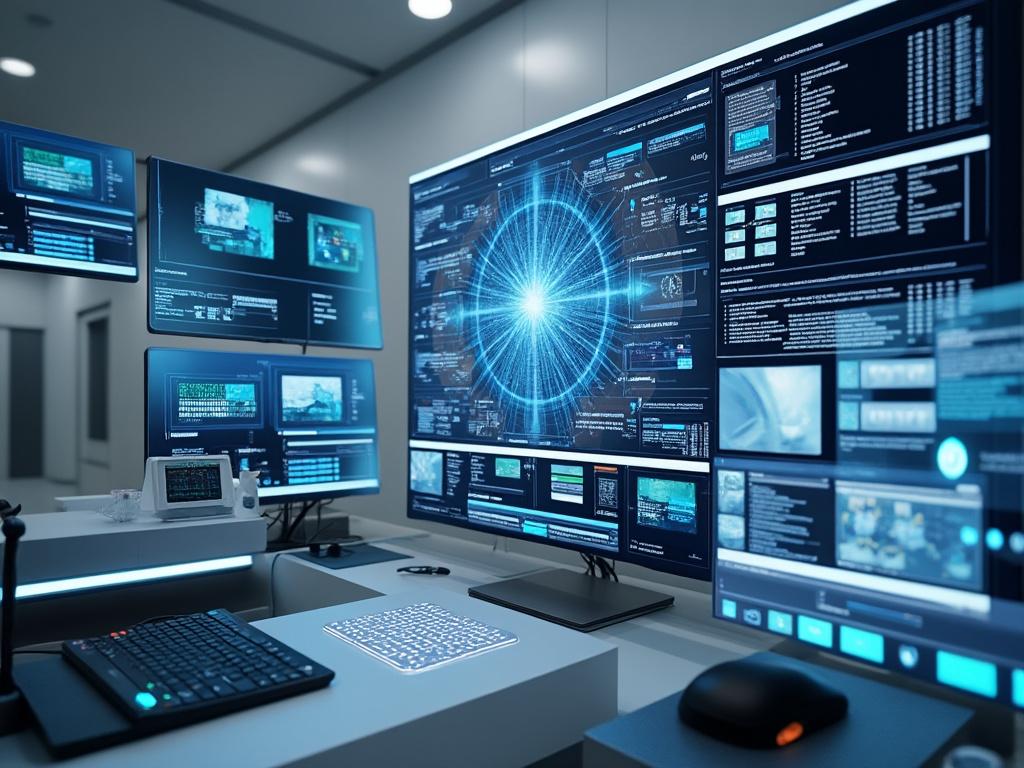 Centro de control futurista con múltiples pantallas mostrando datos y gráficos de alta tecnología.