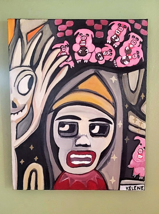 Title Save the Piggies 18 x 24. Acrylic on canvas Kelene 2024 $375.00