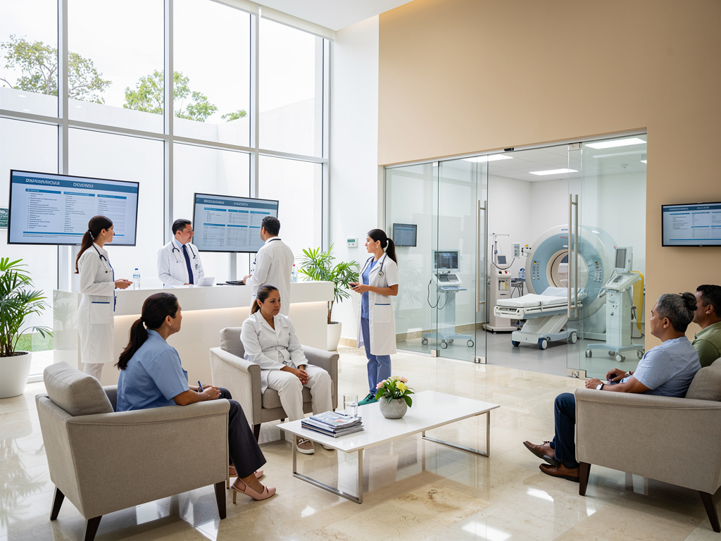 Sala de espera de clínica moderna con médicos, pacientes y equipo de resonancia magnética visible