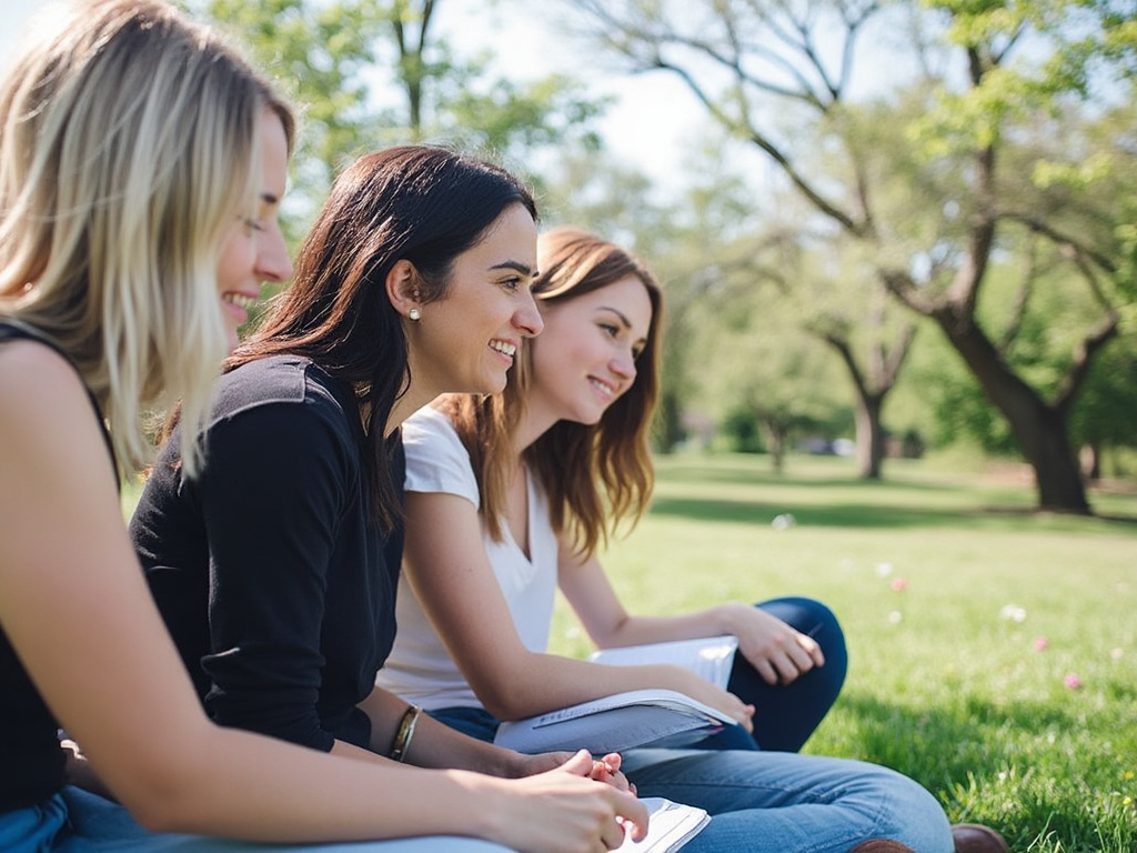 Three young women sitting on grass in a park, smiling and enjoying a sunny day, with trees in the background.