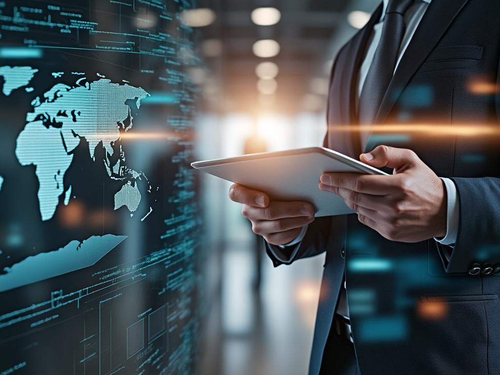 Business professional using a tablet with a digital map and data overlay in a modern office setting.