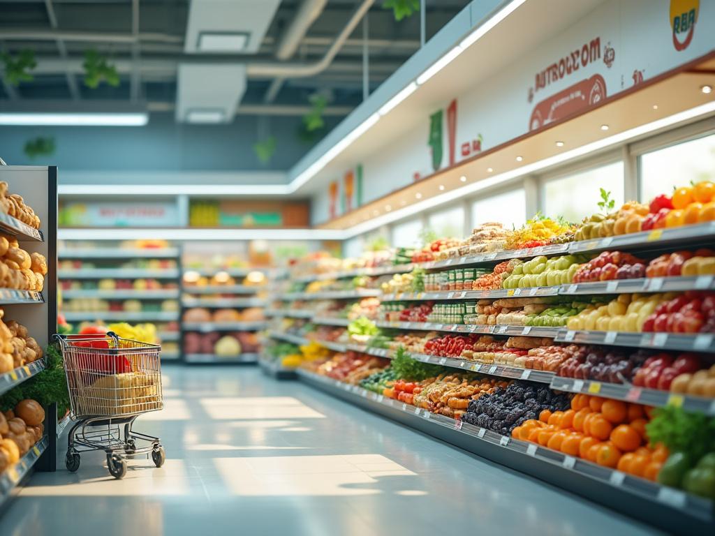 Pasillo de supermercado con estantes llenos de frutas frescas y un carrito de compras.