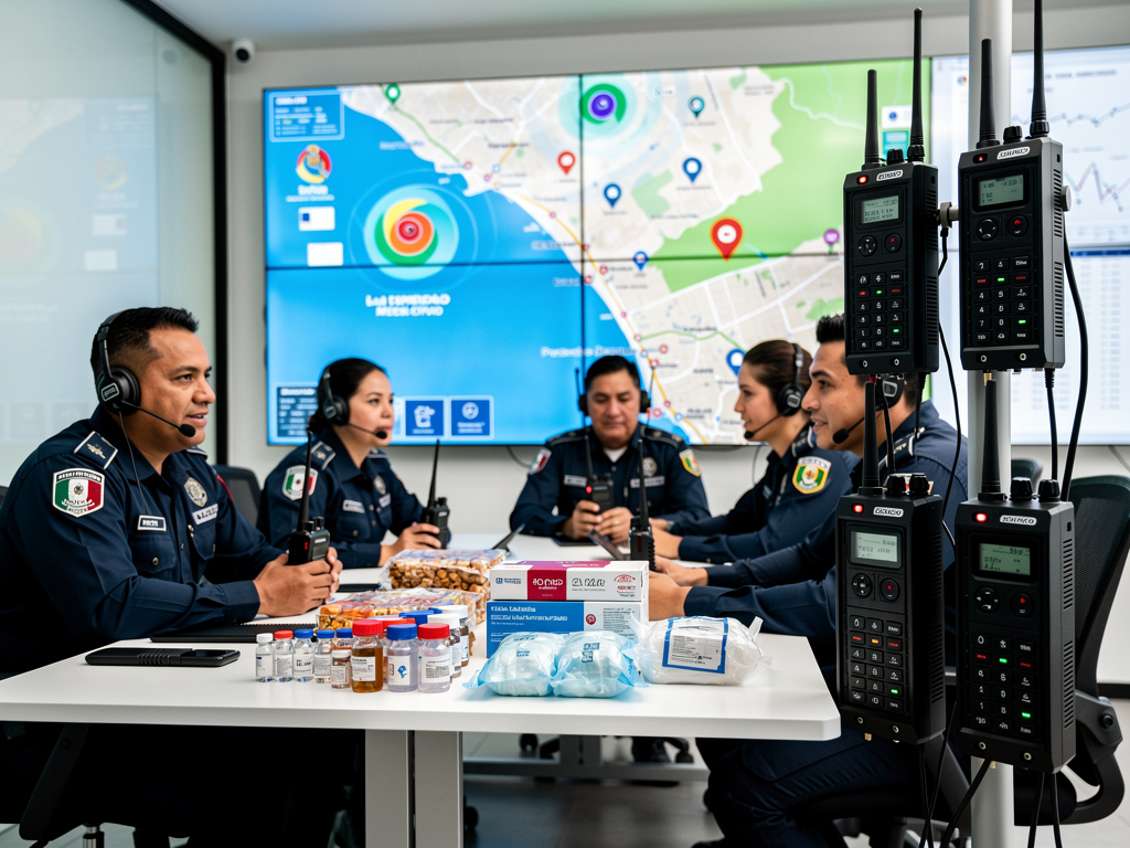 Equipo de policía y emergencias coordinando operativo en sala de control con mapa digital, radios y suministros médicos