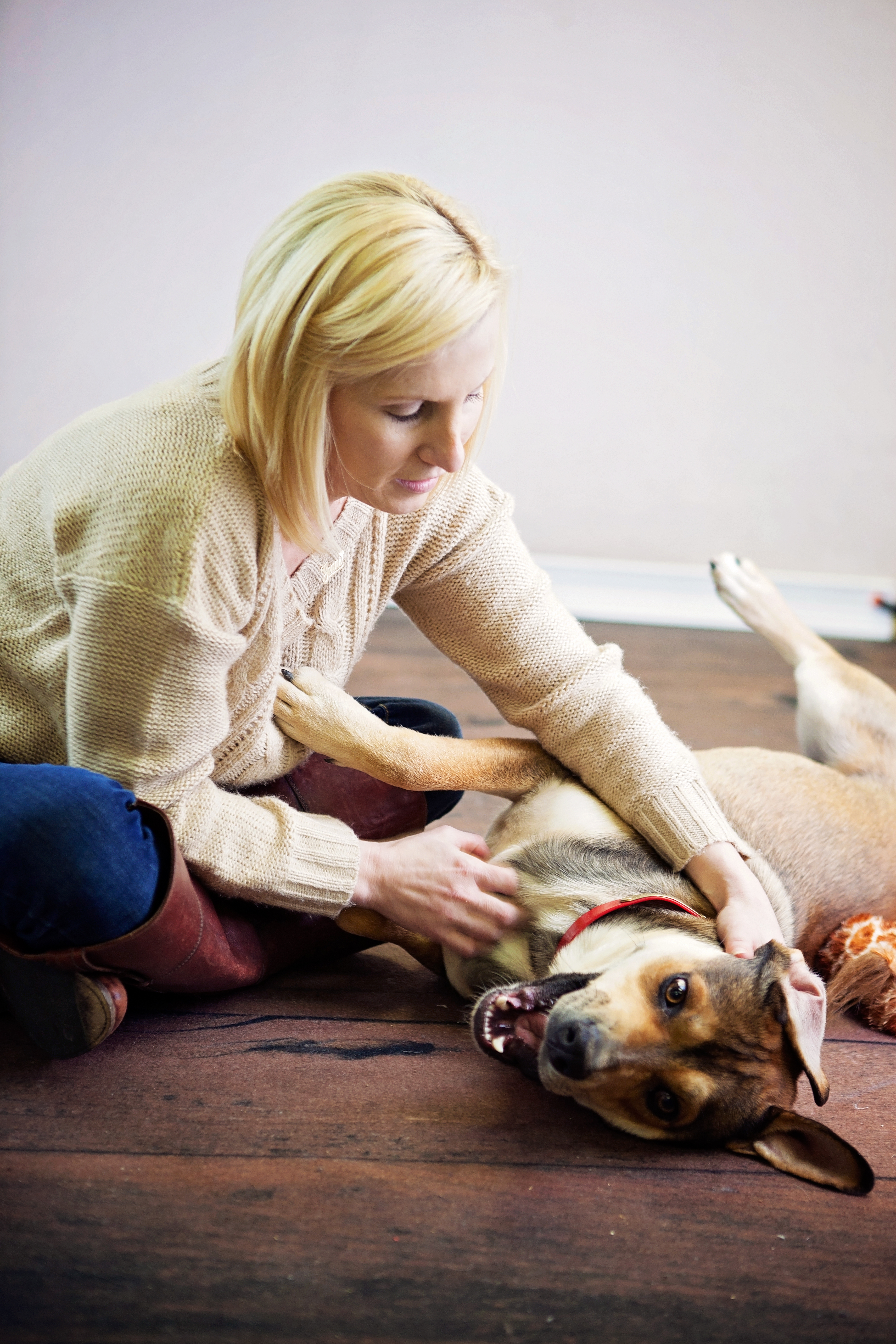 A woman petting a playful dog while sitting on the floot A woman petting a playful dog while sitting on the floot