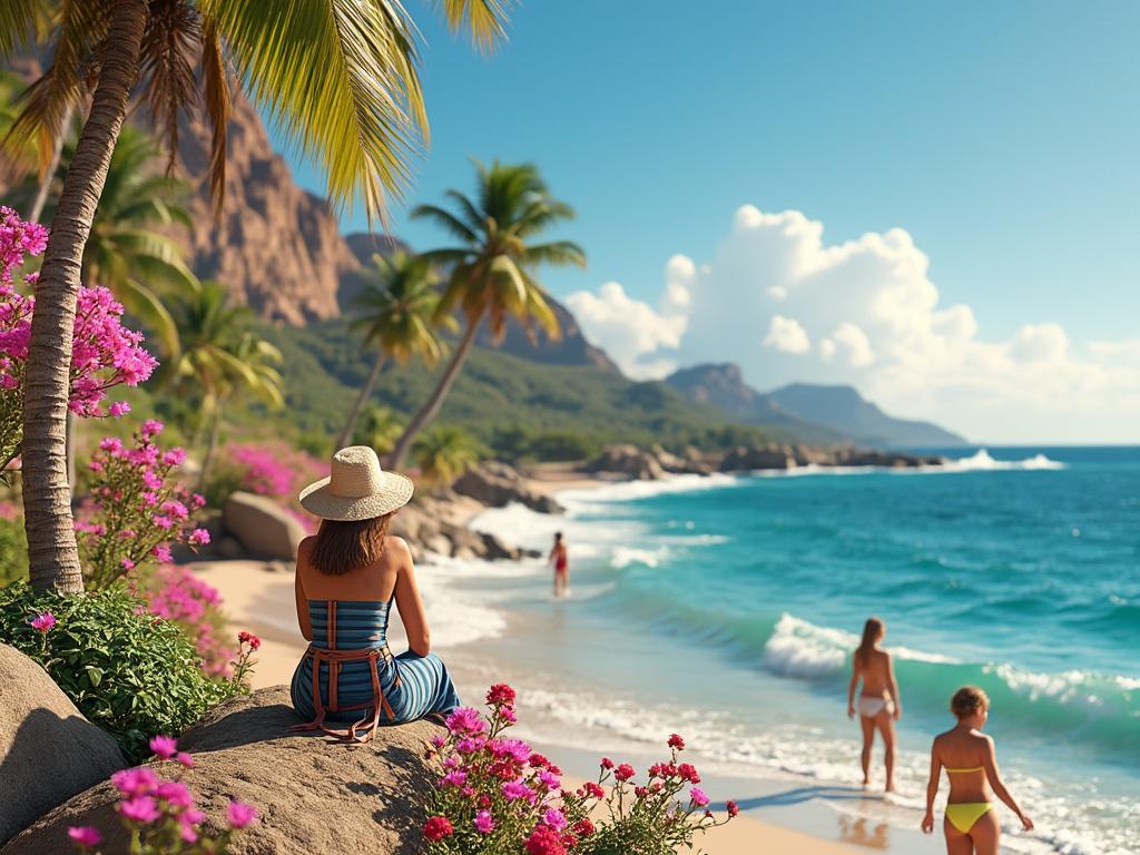 Mujer con sombrero sentada en una roca junto al mar, rodeada de palmeras y flores, disfrutando de una playa tropical con fondo montañoso y cielo despejado.