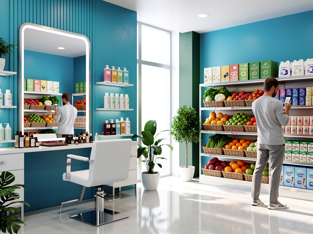 Interior moderno de tienda de productos saludables y belleza con estanterías de frutas, alimentos envasados, cosméticos y cliente usando móvil Interior moderno de tienda de productos saludables y belleza con estanterías de frutas, alimentos envasados, cosméticos y cliente usando móvil