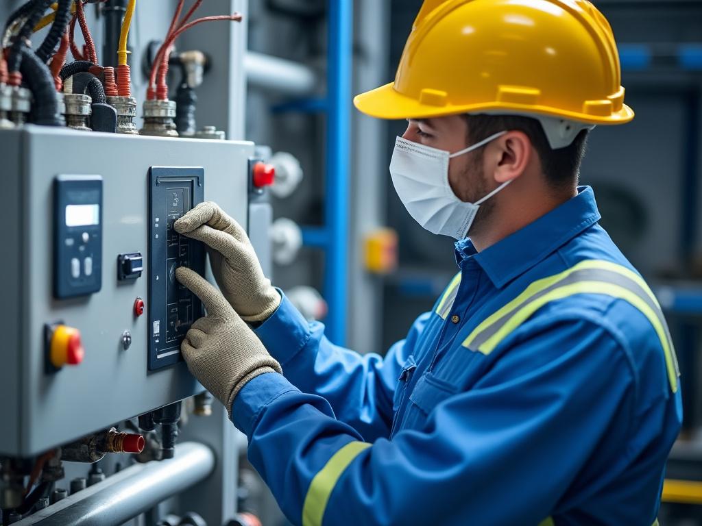 Técnico con casco amarillo y mascarilla operando un panel de control industrial.