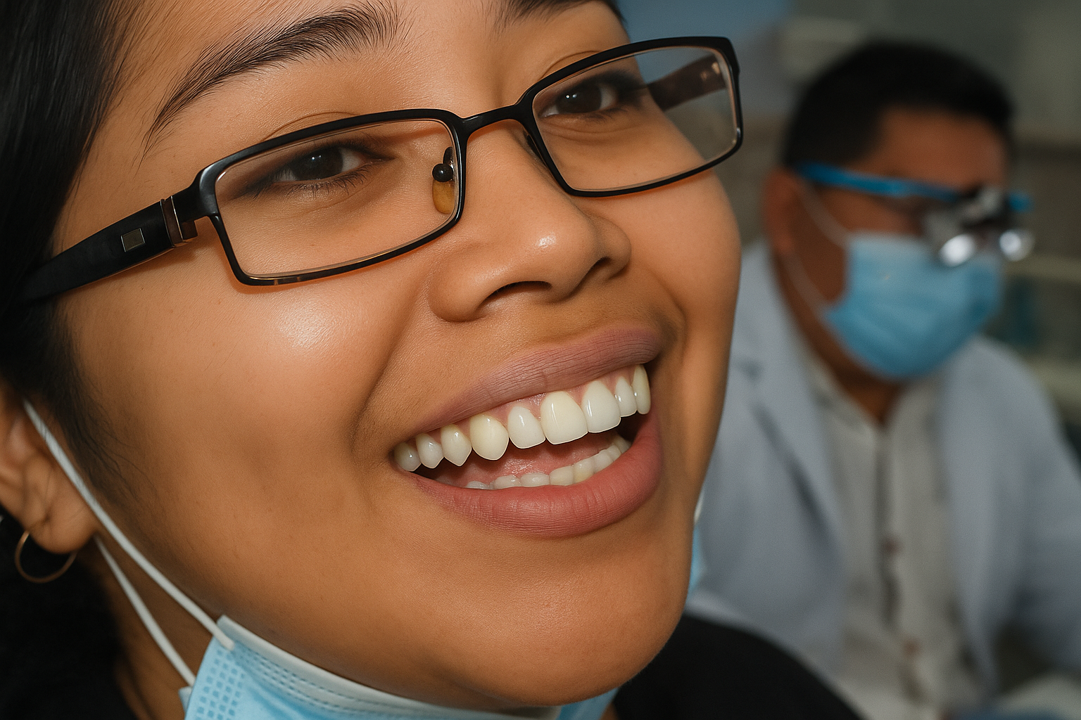 Mujer sonriendo con dientes blancos, usando gafas y mascarilla bajada, con dentista en segundo plano.