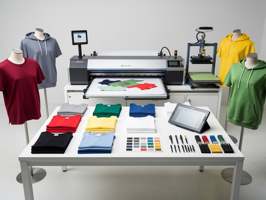 Garment printing studio with direct-to-garment printer, heat press, colorful hoodies and folded t-shirts on worktable