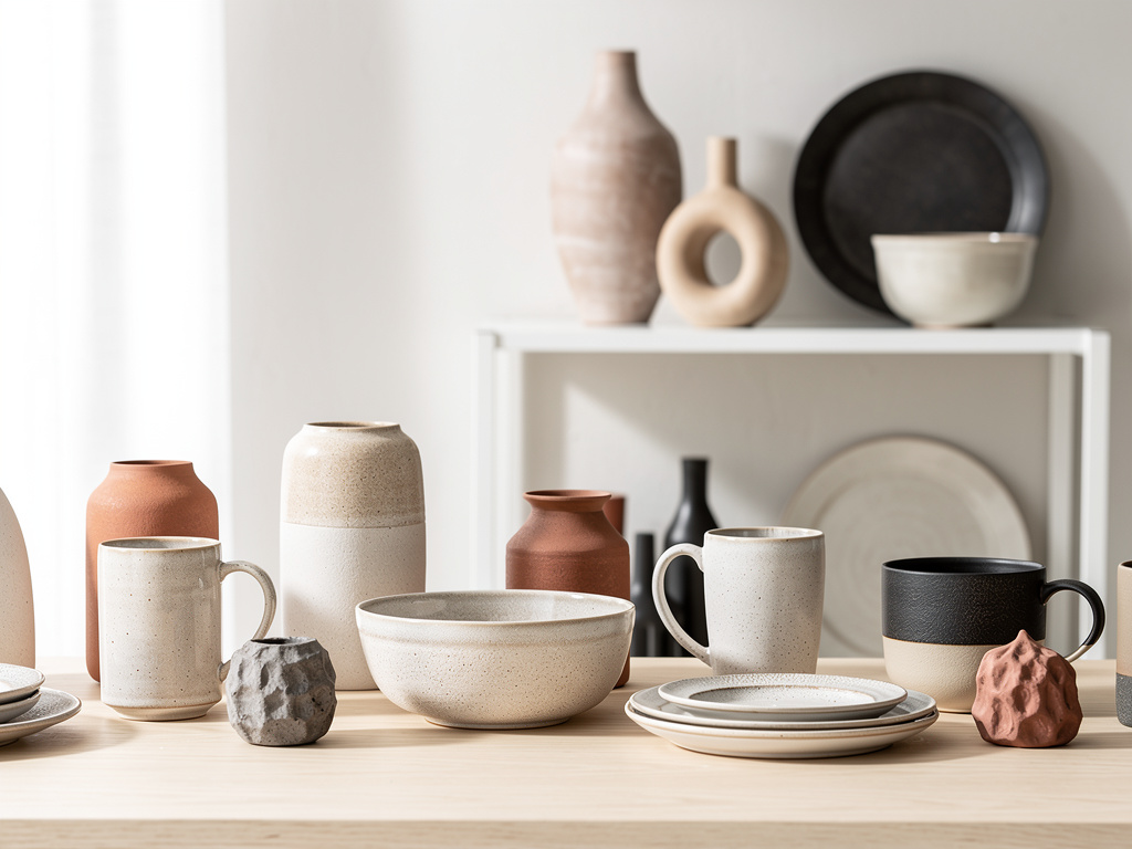 Vajilla de cerámica artesanal con tazas, cuencos, platos y jarrones en tonos neutros sobre mesa de madera