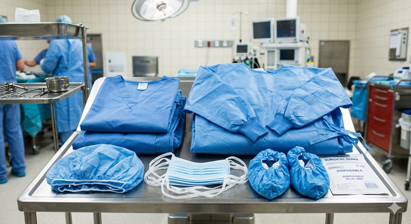 Ropa quirúrgica azul dispuesta en una mesa en un entorno de sala de operaciones. Ropa quirúrgica azul dispuesta en una mesa en un entorno de sala de operaciones.