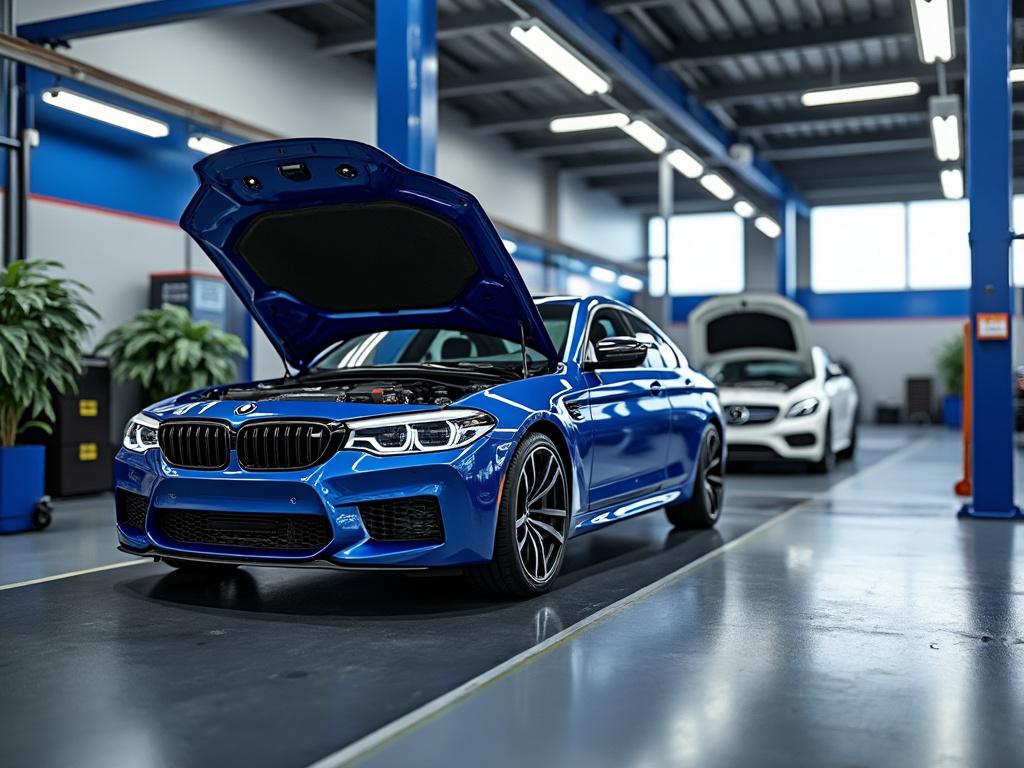 A blue BMW with its hood open in a modern car workshop, accompanied by another white car in the background.