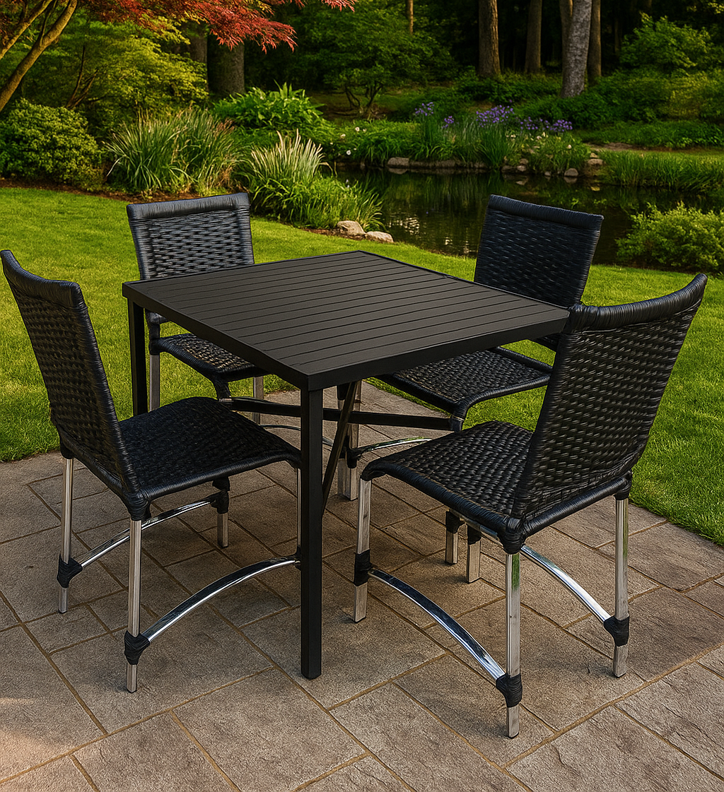 jogo de mesa  moderna em ambiente minimalista com plantas tropicais  com vista para a natureza.