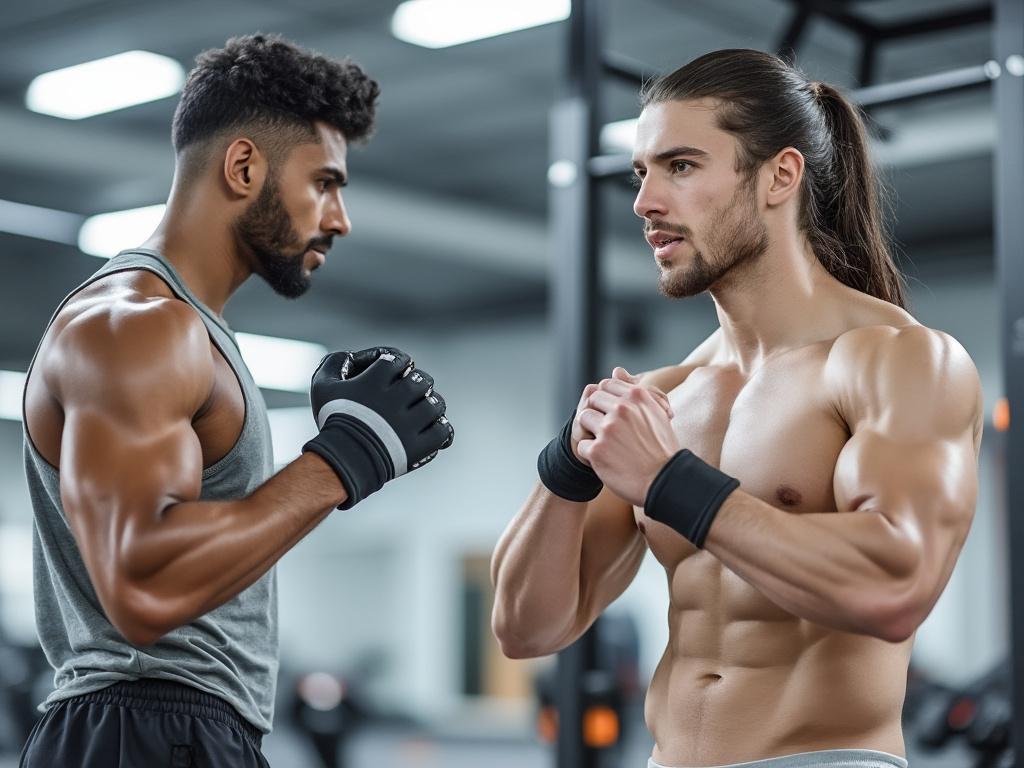 Two muscular men facing each other in a gym, wearing athletic gloves and showing a focused expression.
