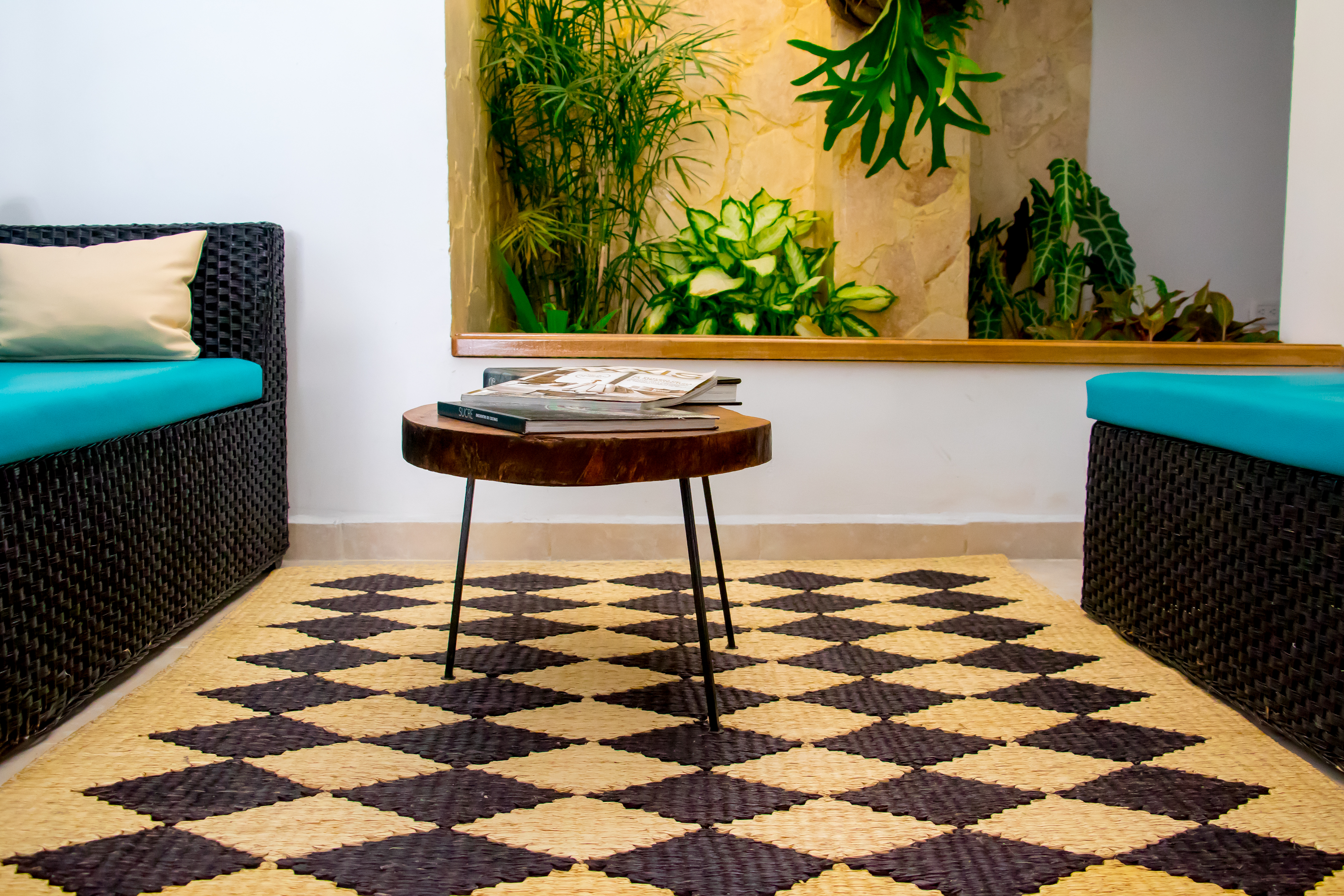 Sala moderna con sillones de mimbre, mesa de café de madera, alfombra con diseño geométrico y plantas decorativas.