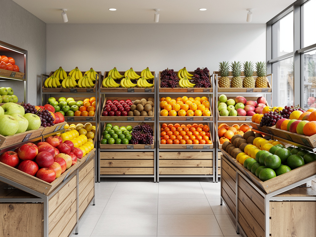 Frutería moderna con estantes de madera llenos de frutas frescas como plátanos, manzanas, naranjas, uvas, piñas y limas