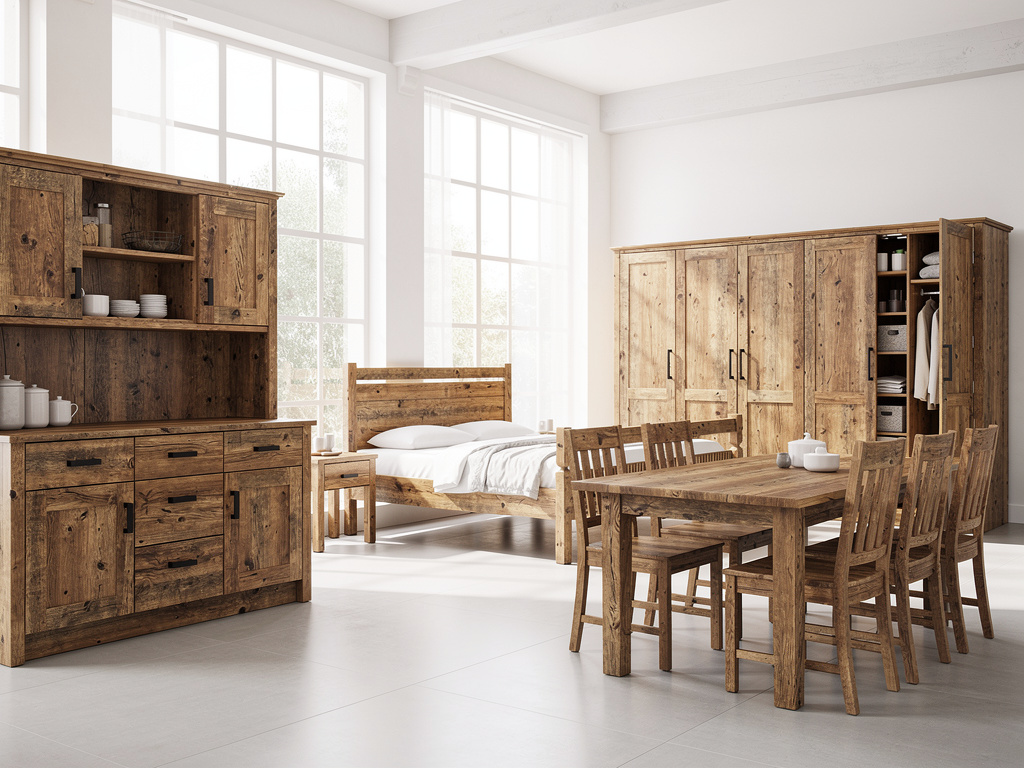 Muebles de madera rústica en dormitorio comedor luminoso con armario, cama, mesa y sillas