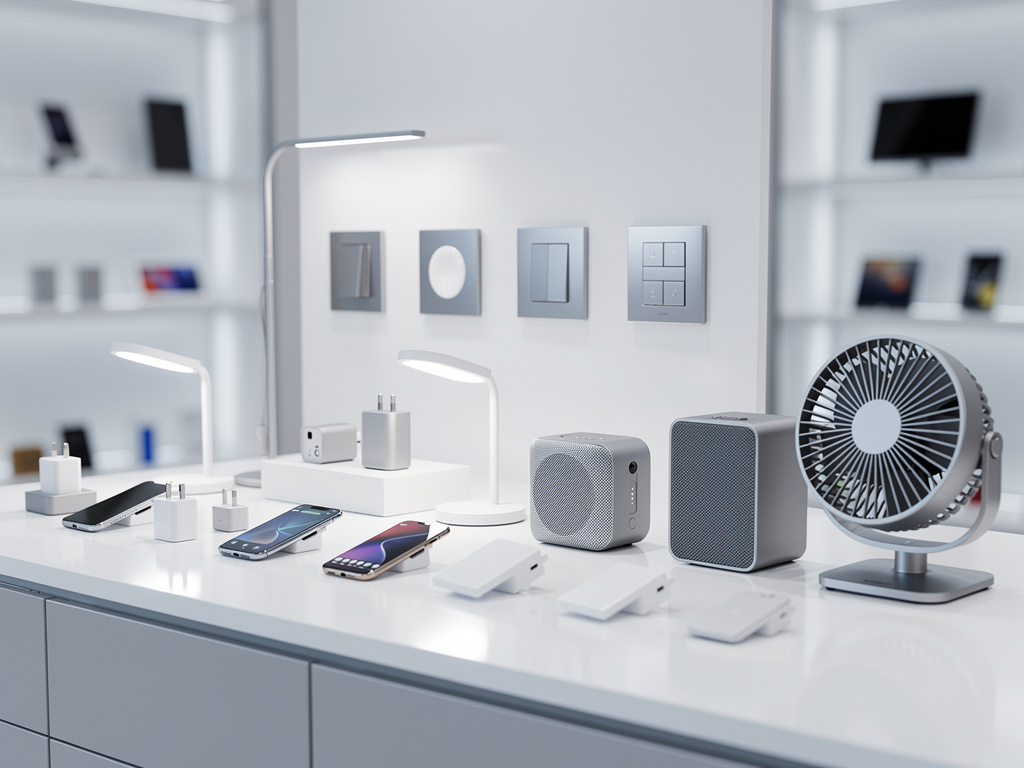 Exhibición de dispositivos inteligentes para el hogar con cargadores, lámparas LED, enchufes, altavoces, interruptores y ventilador en tienda moderna
