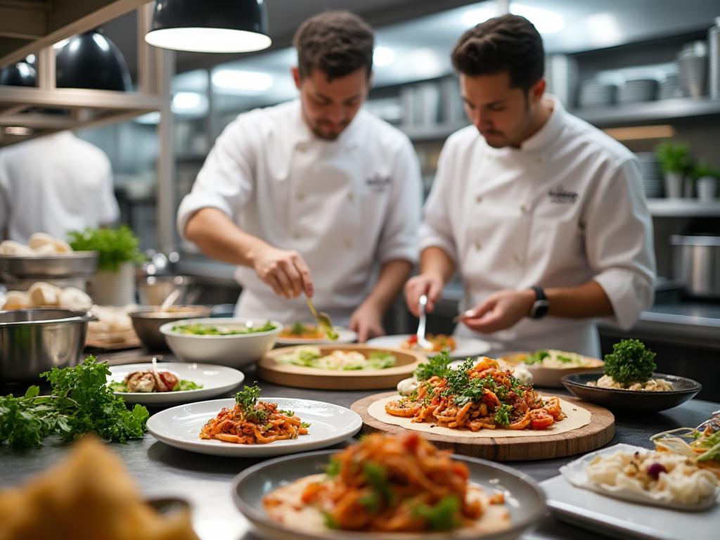 Dos chefs preparando platos de pasta en una cocina profesional.