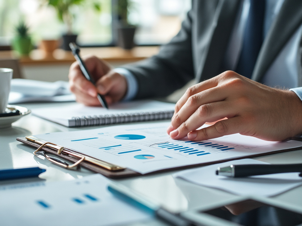 Business person analyzing financial graphs and charts at a desk with documents and pen.