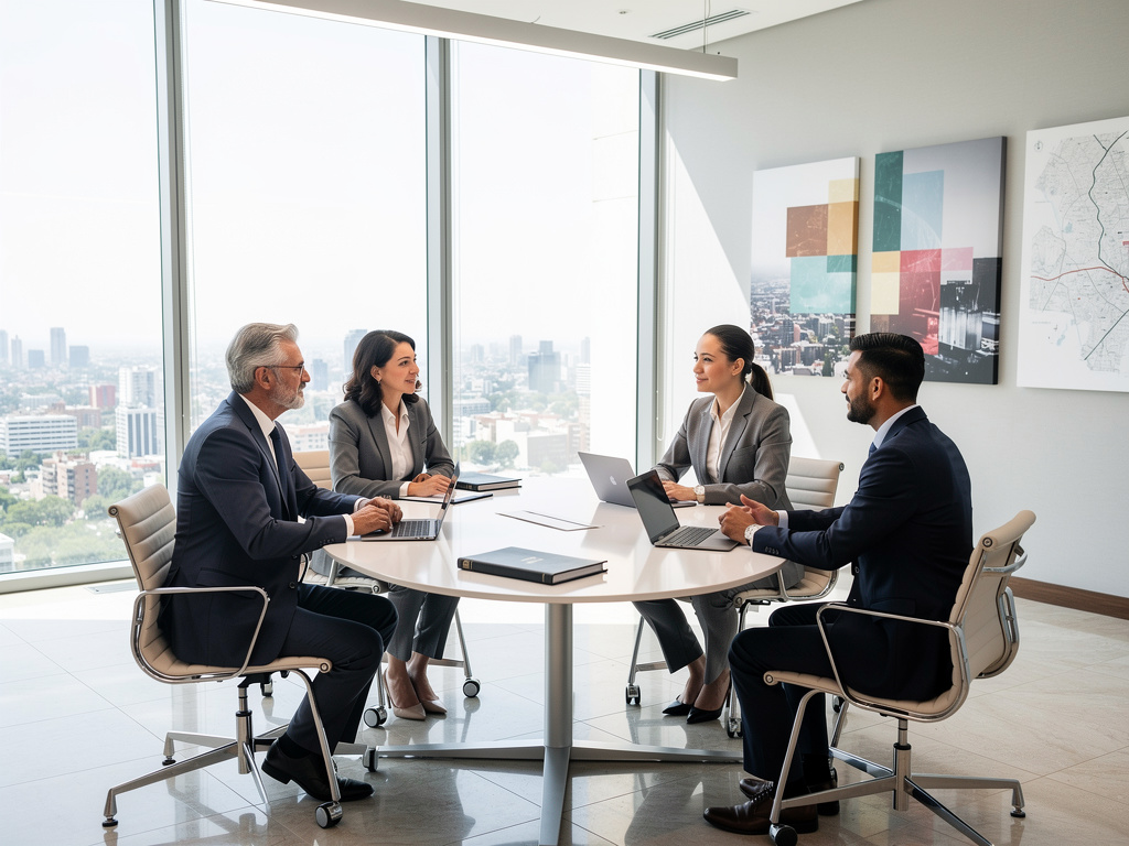 Reunión de negocios en oficina moderna con equipo ejecutivo, portátiles y vista panorámica de la ciudad