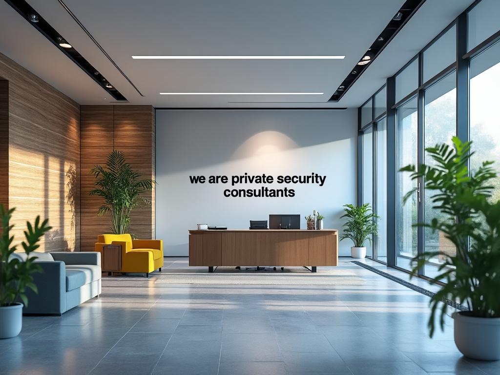 Recepción moderna con plantas y muebles coloridos, letrero 'consultores de seguridad privada' en la pared.
