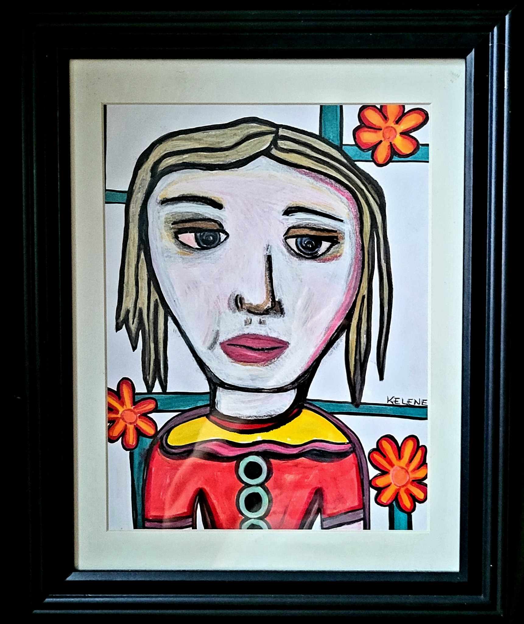 Title Pretty Sweater. 12 x 14. Pen and pencil on paper. Framed 2022 Artwork copyrighted.