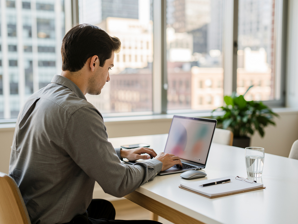 Business professional working on a laptop in a modern office with city view
