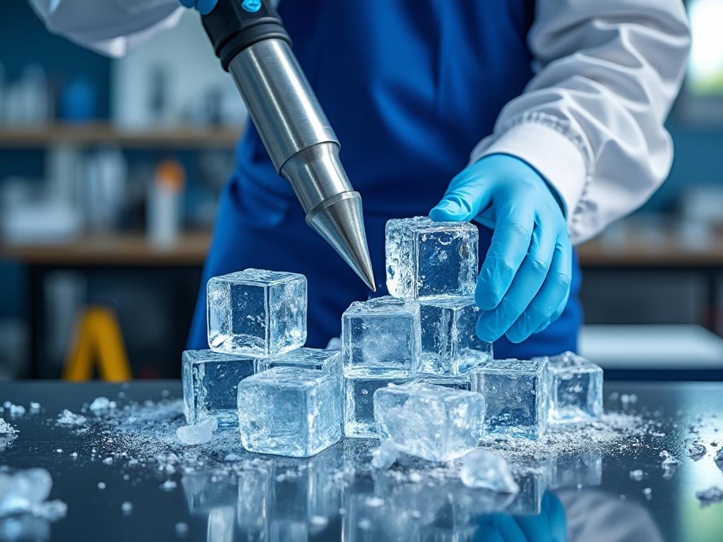 Científico con guantes azules manipulando cubos de hielo en laboratorio.