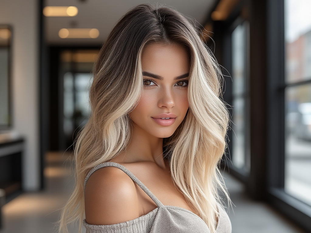 Portrait of a woman with long wavy blonde balayage hair in a modern indoor setting