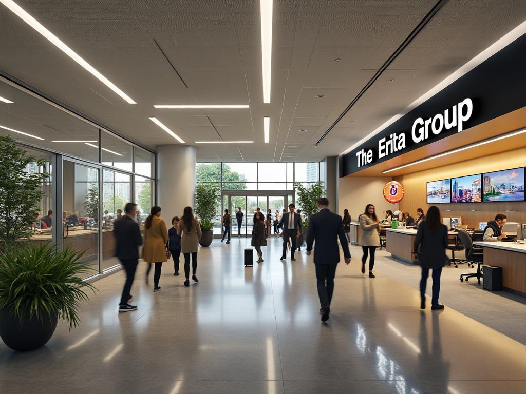 Modern office lobby with people walking, plants, and a reception desk labeled 'The Erita Group' featuring office workers and digital displays.