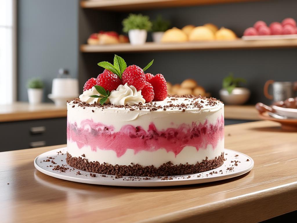 Tarta de crema y frambuesas con decoración de hojas de menta sobre una mesa de madera en una cocina.